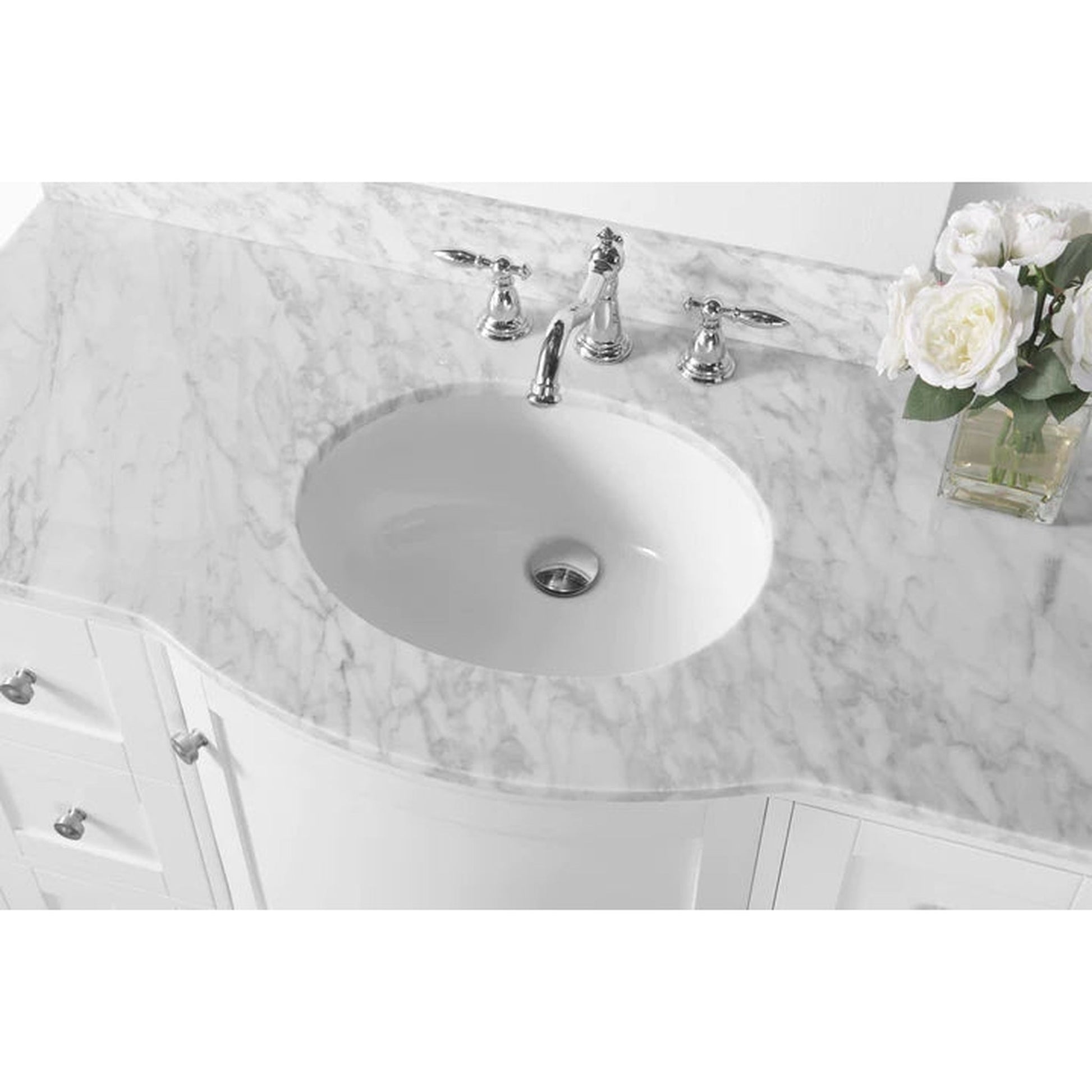 Ancerre Designs Lauren 48" White Single Door 7-Drawer Bathroom Vanity With Italian Carrara White Marble Vanity Top, Single Oval Undermount Ceramic Sink, 4" Solid Wood Backsplash and Brushed Nickel Finish Hardware