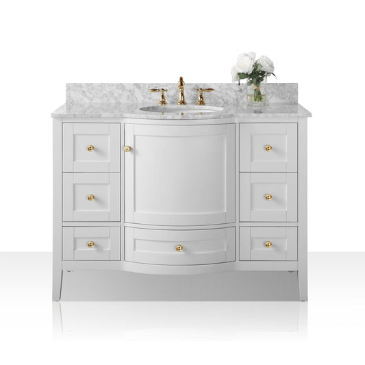 Ancerre Designs Lauren 48" White Single Door 7-Drawer Bathroom Vanity With Italian Carrara White Marble Vanity Top, Single Oval Undermount Ceramic Sink, 4" Solid Wood Backsplash and Gold Finish Hardware