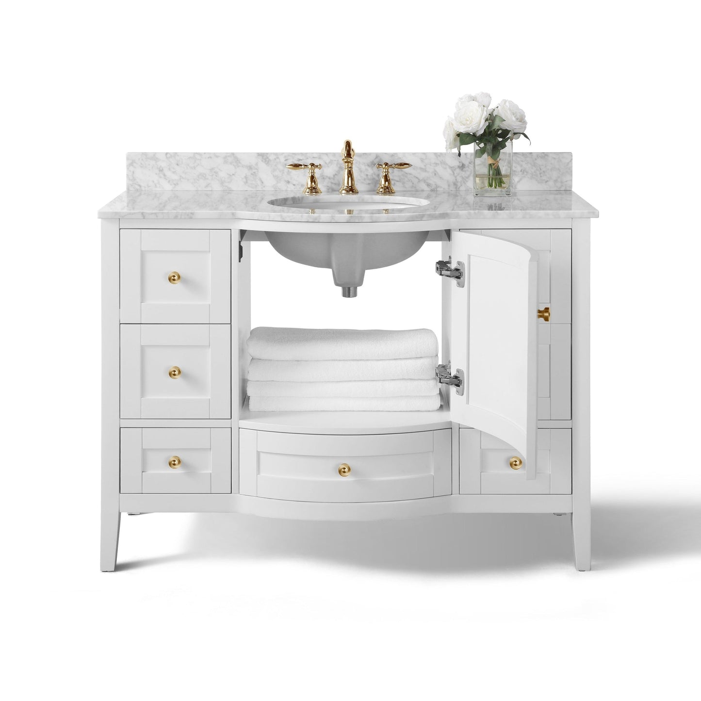 Ancerre Designs Lauren 48" White Single Door 7-Drawer Bathroom Vanity With Italian Carrara White Marble Vanity Top, Single Oval Undermount Ceramic Sink, 4" Solid Wood Backsplash and Gold Finish Hardware