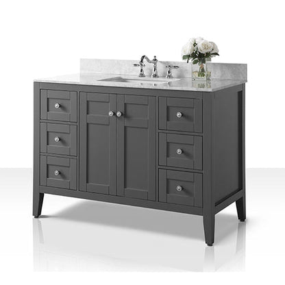 Ancerre Designs Maili 48" Sapphire Gray 2-Door 6-Drawer Bathroom Vanity With Italian Carrara White Marble Vanity Top, Single Rectangle Undermount Ceramic Sink and 4" Solid Wood Backsplash