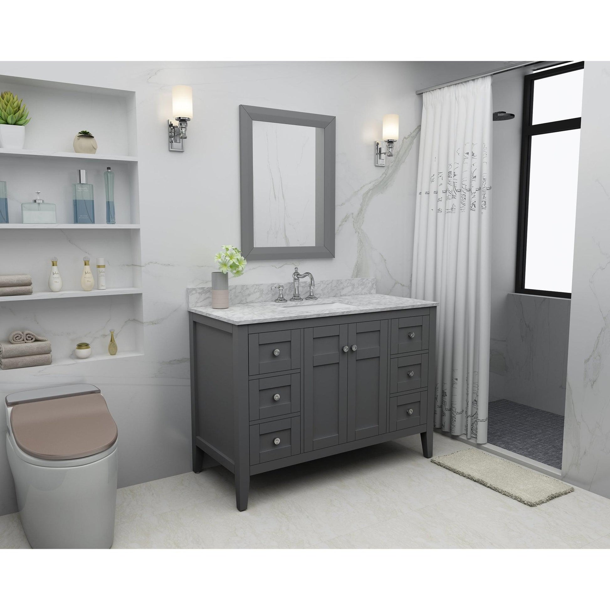 Ancerre Designs Maili 48" Sapphire Gray 2-Door 6-Drawer Bathroom Vanity With Italian Carrara White Marble Vanity Top, Single Rectangle Undermount Ceramic Sink and 4" Solid Wood Backsplash