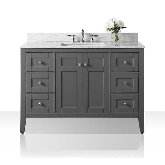 Ancerre Designs Maili 48" Sapphire Gray 2-Door 6-Drawer Bathroom Vanity With Italian Carrara White Marble Vanity Top, Single Rectangle Undermount Ceramic Sink and 4" Solid Wood Backsplash