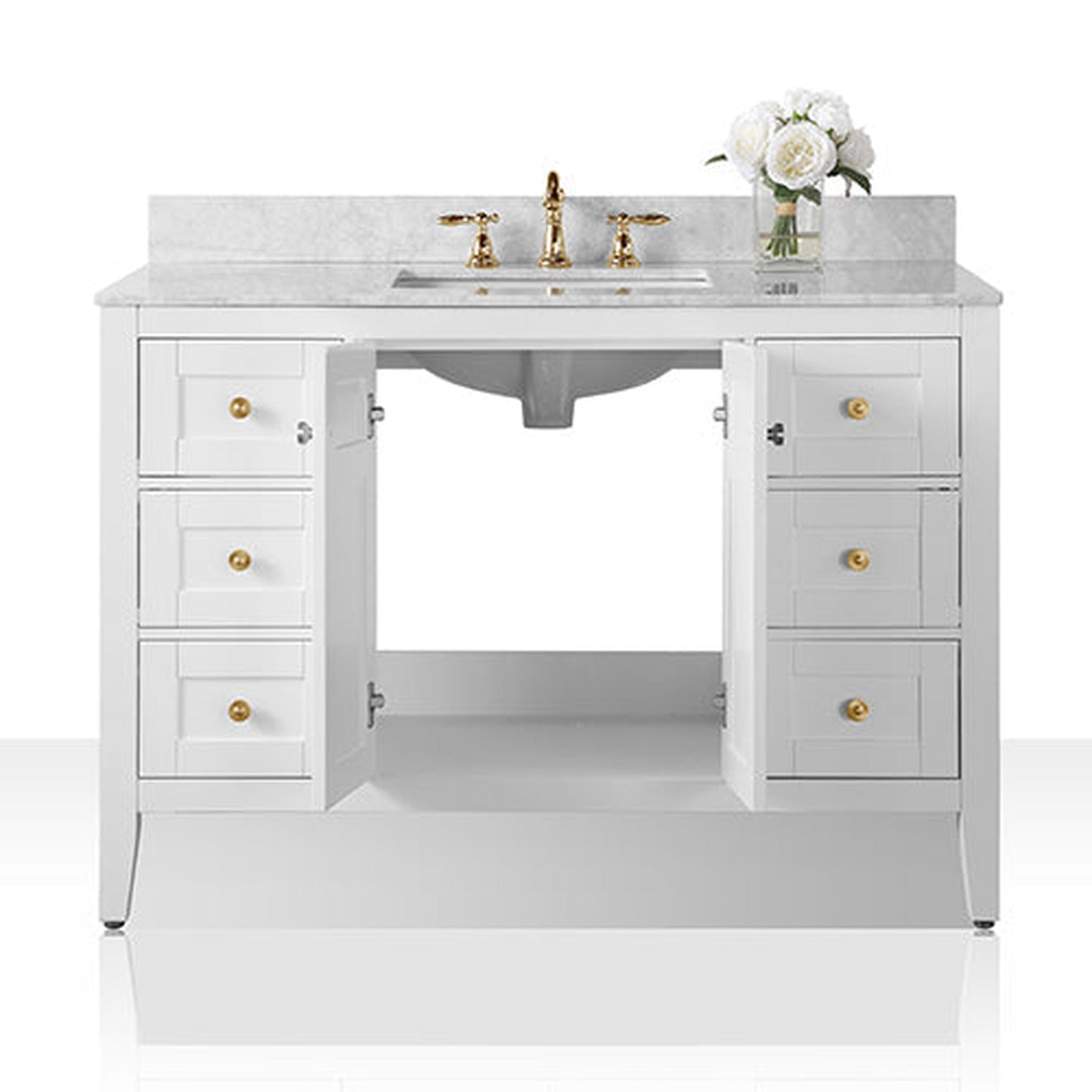 Ancerre Designs Maili 48" White 2-Door 6-Drawer Bathroom Vanity With Italian Carrara White Marble Vanity Top, Single Rectangle Undermount Ceramic Sink, 4" Solid Wood Backsplash and Satin Brushed Gold Hardware