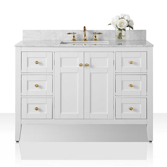 Ancerre Designs Maili 48" White 2-Door 6-Drawer Bathroom Vanity With Italian Carrara White Marble Vanity Top, Single Rectangle Undermount Ceramic Sink, 4" Solid Wood Backsplash and Satin Brushed Gold Hardware