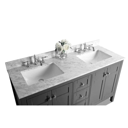 Ancerre Designs Maili 60" 4-Door 3-Drawer Sapphire Gray Bathroom Vanity With Italian Carrara White Marble Vanity Top, Double Rectangle Undermount Ceramic Sinks and 4" Solid Wood Backsplash