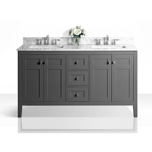 Ancerre Designs Maili 60" 4-Door 3-Drawer Sapphire Gray Bathroom Vanity With Italian Carrara White Marble Vanity Top, Double Rectangle Undermount Ceramic Sinks and 4" Solid Wood Backsplash
