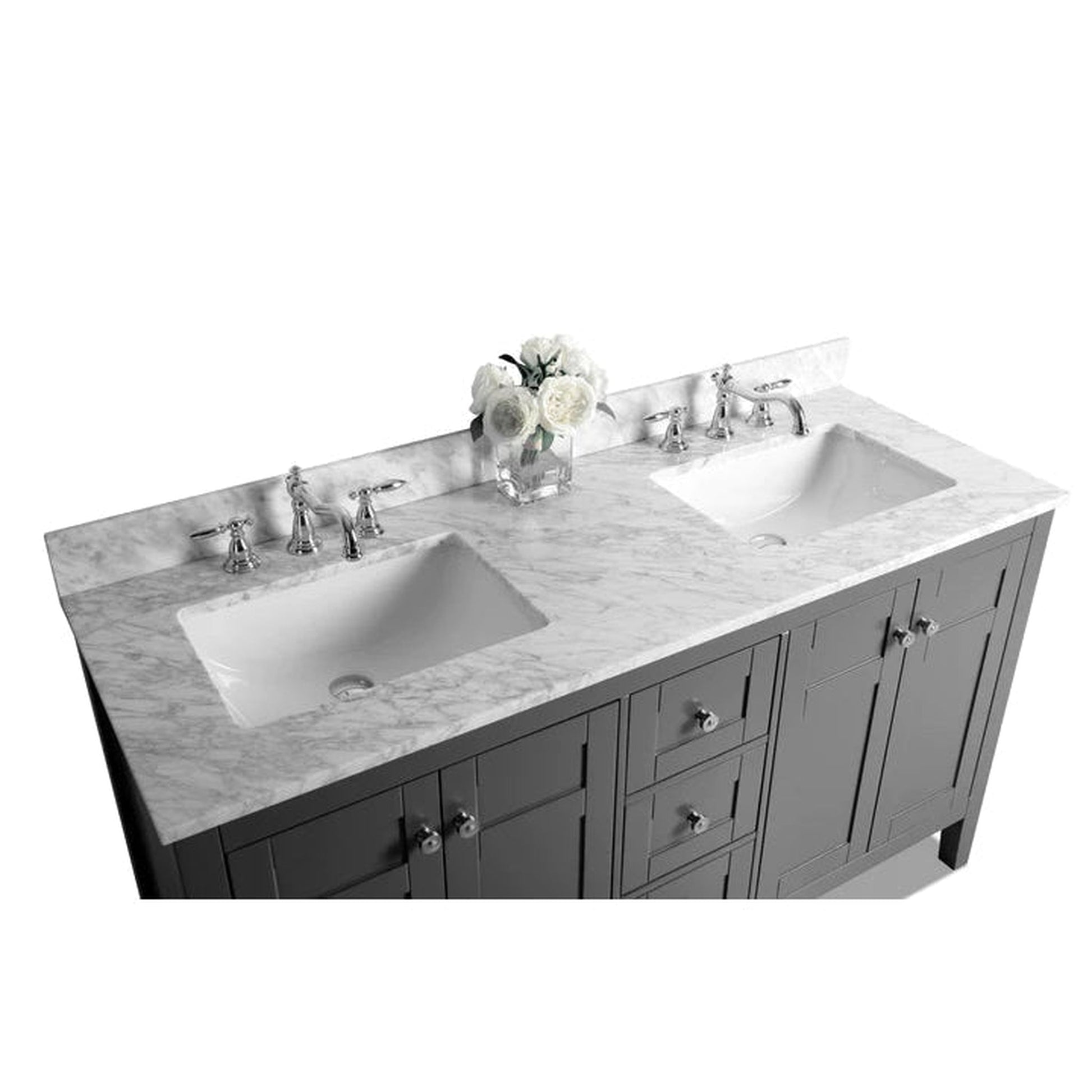 Ancerre Designs Maili 60" 4-Door 3-Drawer Sapphire Gray Bathroom Vanity With Italian Carrara White Marble Vanity Top, Double Rectangle Undermount Ceramic Sinks and 4" Solid Wood Backsplash
