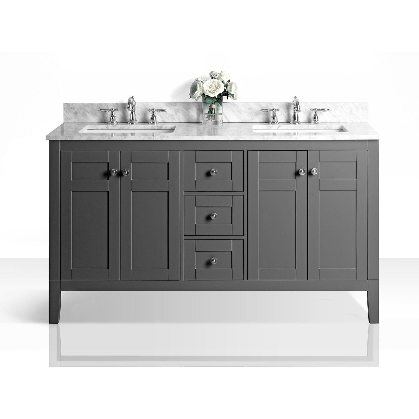 Ancerre Designs Maili 60" 4-Door 3-Drawer Sapphire Gray Bathroom Vanity With Italian Carrara White Marble Vanity Top, Double Rectangle Undermount Ceramic Sinks and 4" Solid Wood Backsplash