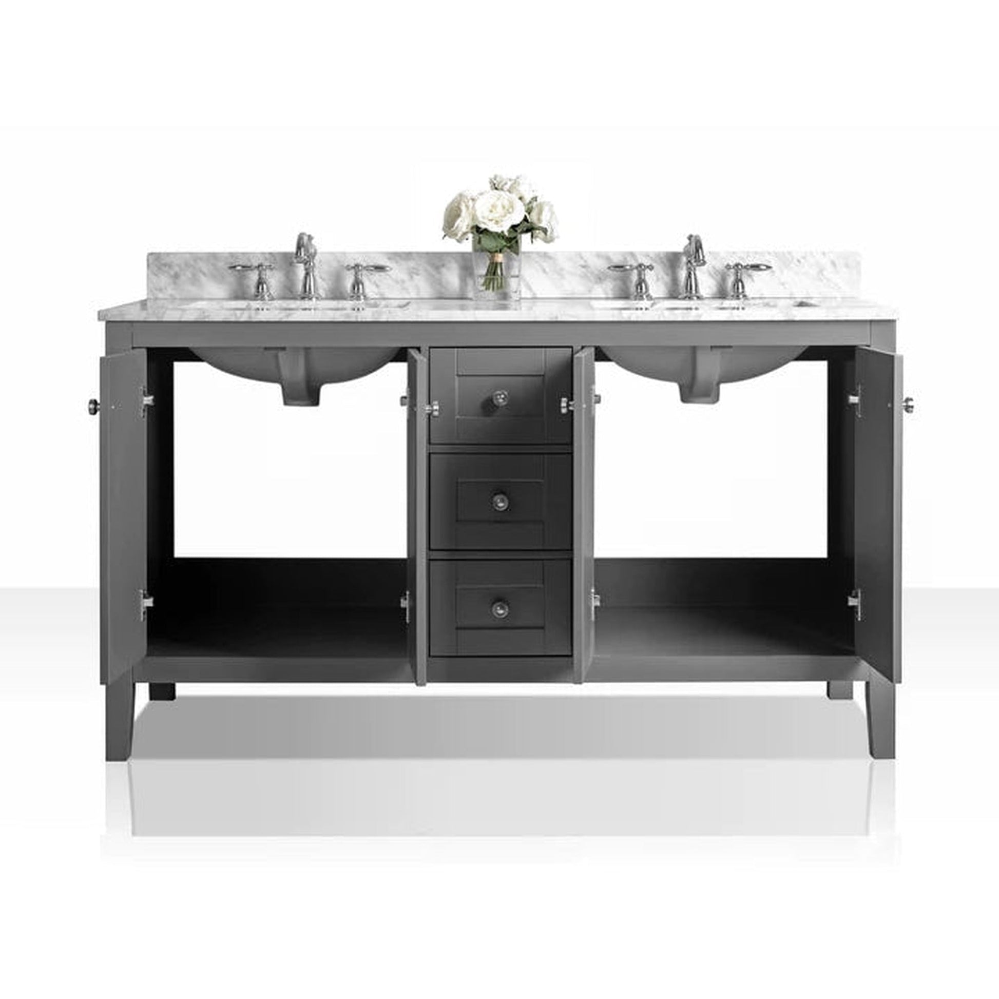 Ancerre Designs Maili 60" 4-Door 3-Drawer Sapphire Gray Bathroom Vanity With Italian Carrara White Marble Vanity Top, Double Rectangle Undermount Ceramic Sinks and 4" Solid Wood Backsplash