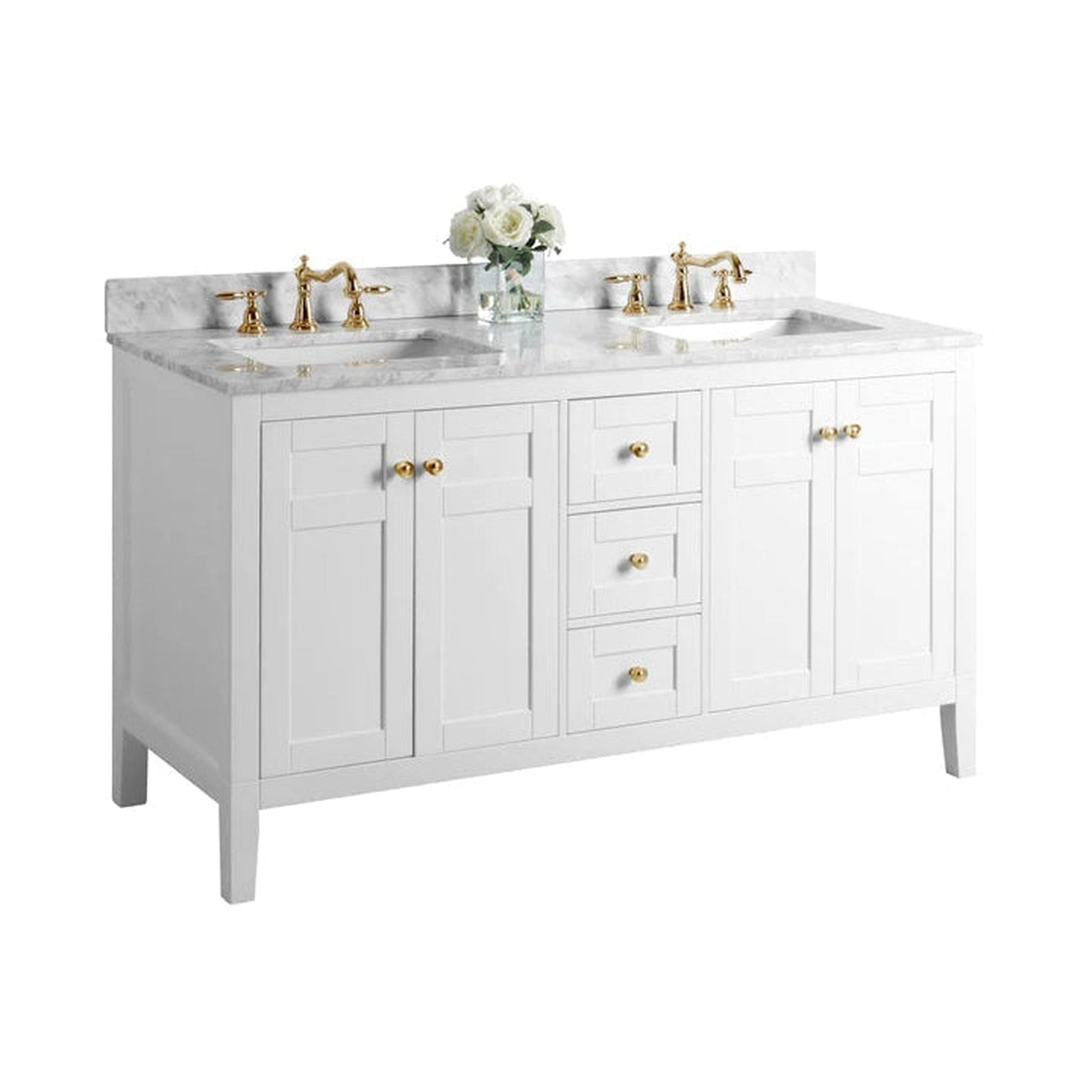 Ancerre Designs Maili 60" 4-Door 3-Drawer White Bathroom Vanity With Italian Carrara White Marble Vanity Top, Double Rectangle Undermount Ceramic Sinks and 4" Solid Wood Backsplash