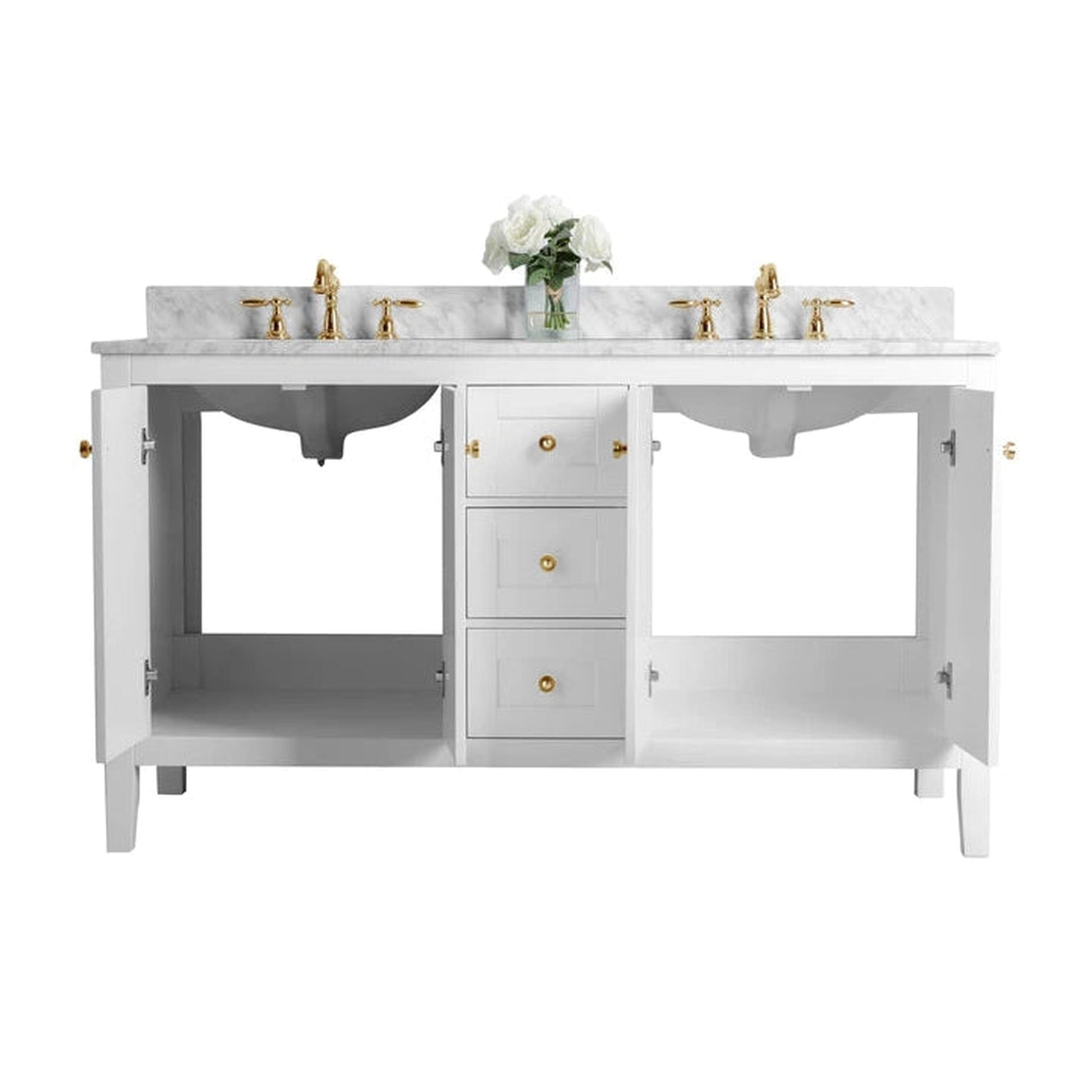 Ancerre Designs Maili 60" 4-Door 3-Drawer White Bathroom Vanity With Italian Carrara White Marble Vanity Top, Double Rectangle Undermount Ceramic Sinks and 4" Solid Wood Backsplash