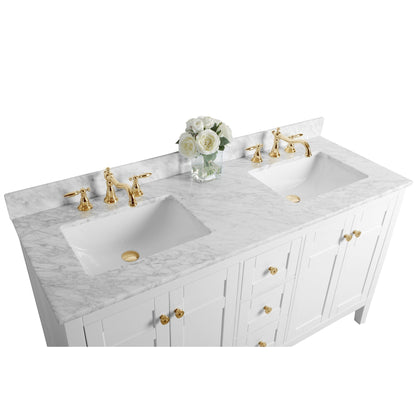 Ancerre Designs Maili 60" 4-Door 3-Drawer White Bathroom Vanity With Italian Carrara White Marble Vanity Top, Double Rectangle Undermount Ceramic Sinks and 4" Solid Wood Backsplash