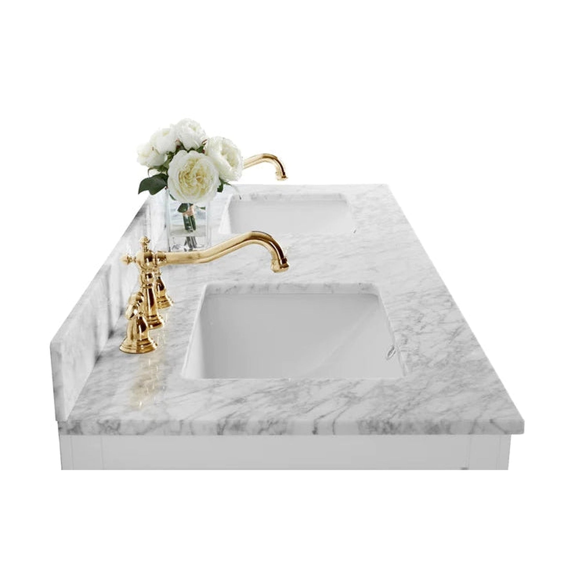 Ancerre Designs Maili 60" 4-Door 3-Drawer White Bathroom Vanity With Italian Carrara White Marble Vanity Top, Double Rectangle Undermount Ceramic Sinks and 4" Solid Wood Backsplash