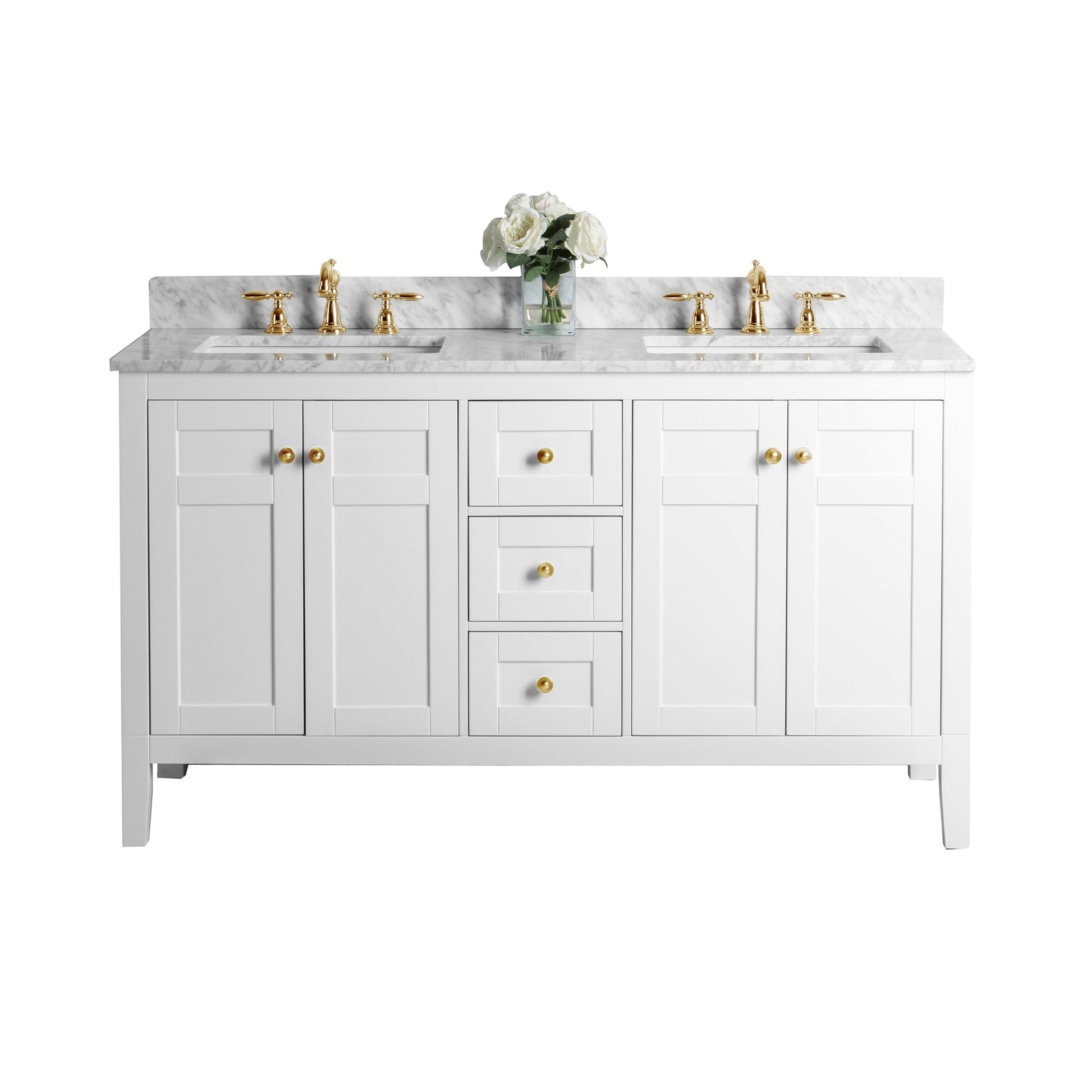 Ancerre Designs Maili 60" 4-Door 3-Drawer White Bathroom Vanity With Italian Carrara White Marble Vanity Top, Double Rectangle Undermount Ceramic Sinks and 4" Solid Wood Backsplash