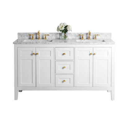 Ancerre Designs Maili 60" 4-Door 3-Drawer White Bathroom Vanity With Italian Carrara White Marble Vanity Top, Double Rectangle Undermount Ceramic Sinks and 4" Solid Wood Backsplash