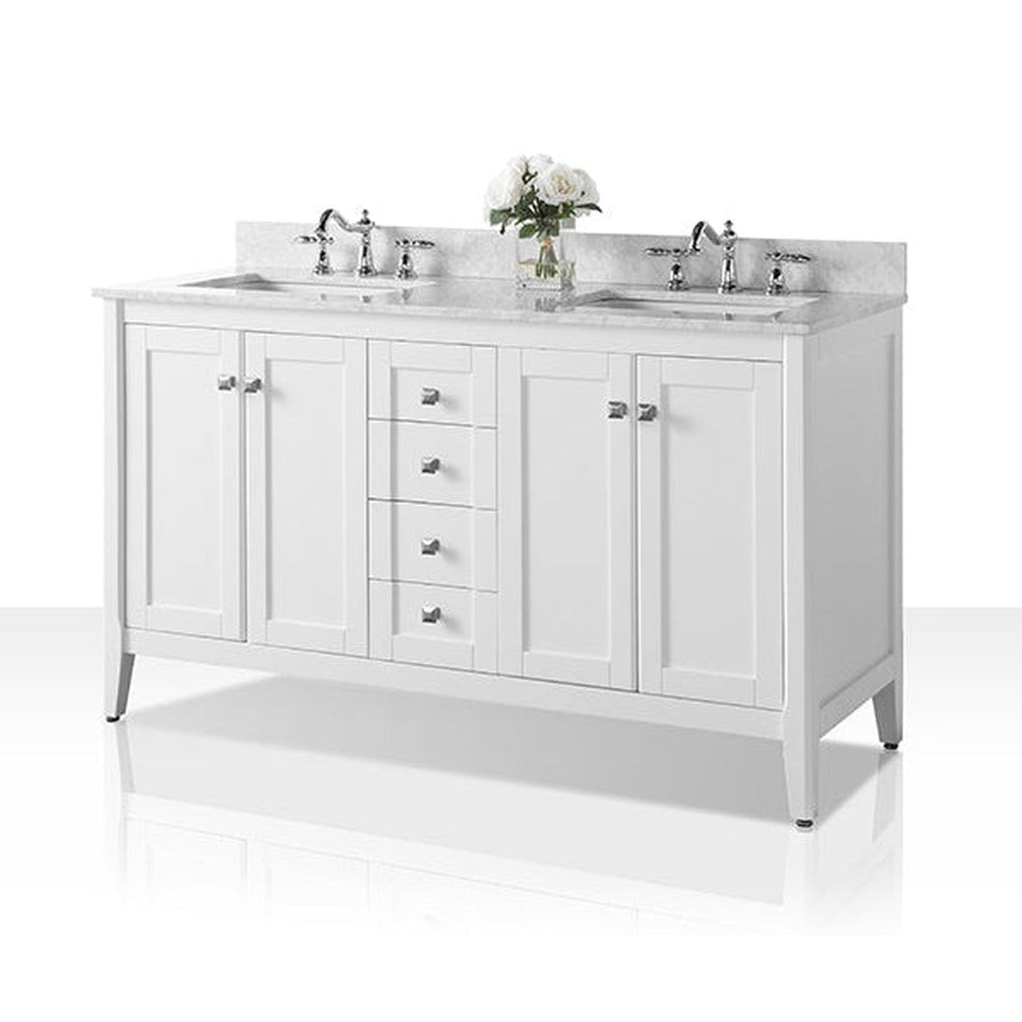 Ancerre Designs Shelton 60" 4-Door ,6-Drawer White Bath Vanity With Italian Carrara White Marble Vanity Top, Double Wide cUPC Rectangular Undermount Ceramic Sinks And 4” Backsplash