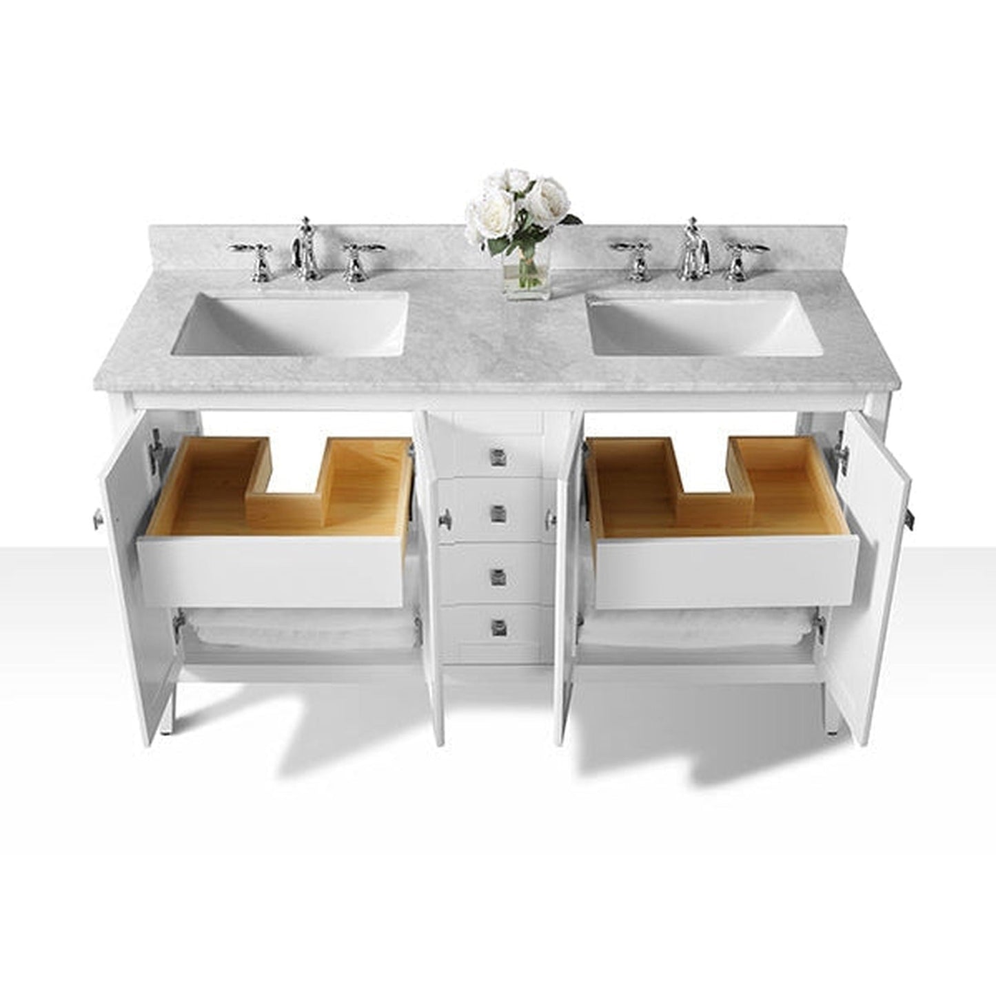 Ancerre Designs Shelton 60" 4-Door ,6-Drawer White Bath Vanity With Italian Carrara White Marble Vanity Top, Double Wide cUPC Rectangular Undermount Ceramic Sinks And 4” Backsplash