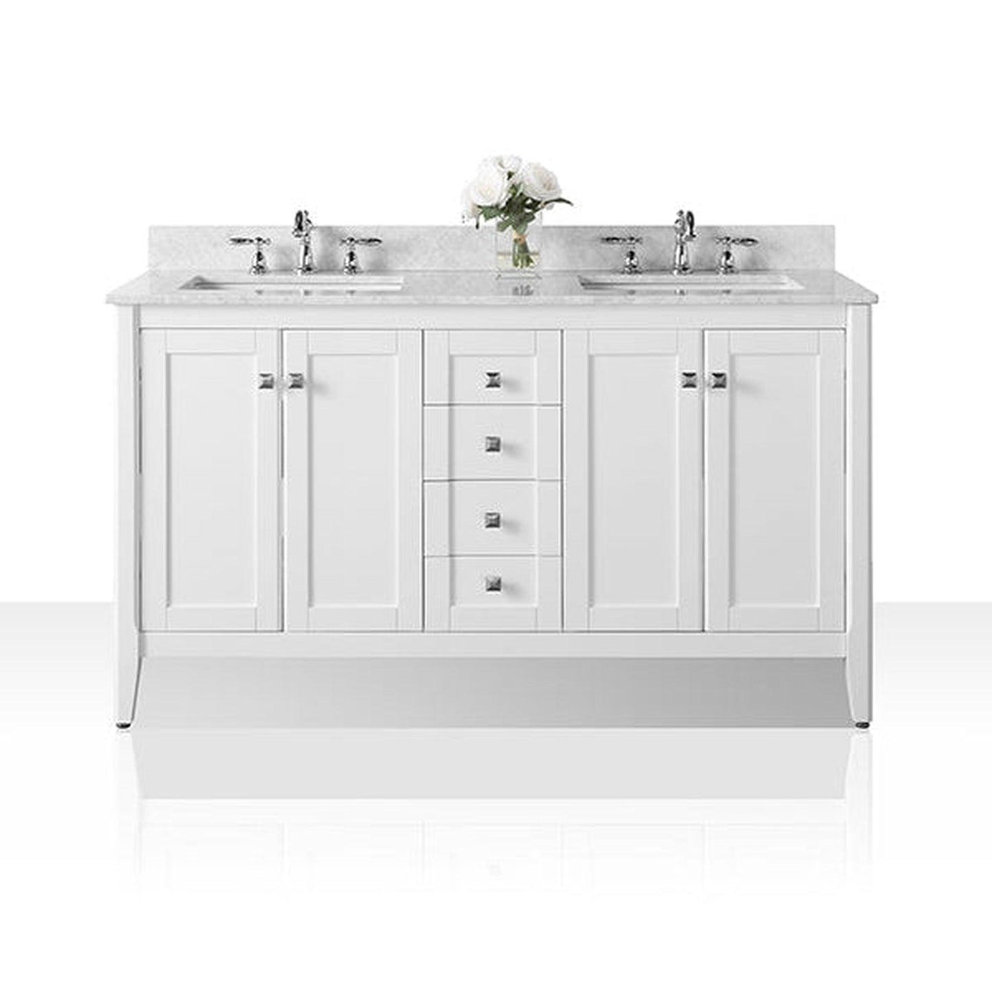 Ancerre Designs Shelton 60" 4-Door ,6-Drawer White Bath Vanity With Italian Carrara White Marble Vanity Top, Double Wide cUPC Rectangular Undermount Ceramic Sinks And 4” Backsplash