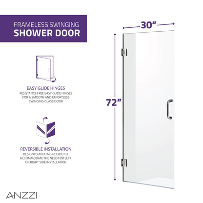 Anzzi Passion Series 30" x 72" Frameless Rectangular Matte Black Hinged Shower Door With Handle and Tsunami Guard