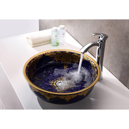Anzzi Scepter Series 17" x 17" Round Royal Blue Deco-Glass Vessel Sink With Polished Chrome Pop-Up Drain