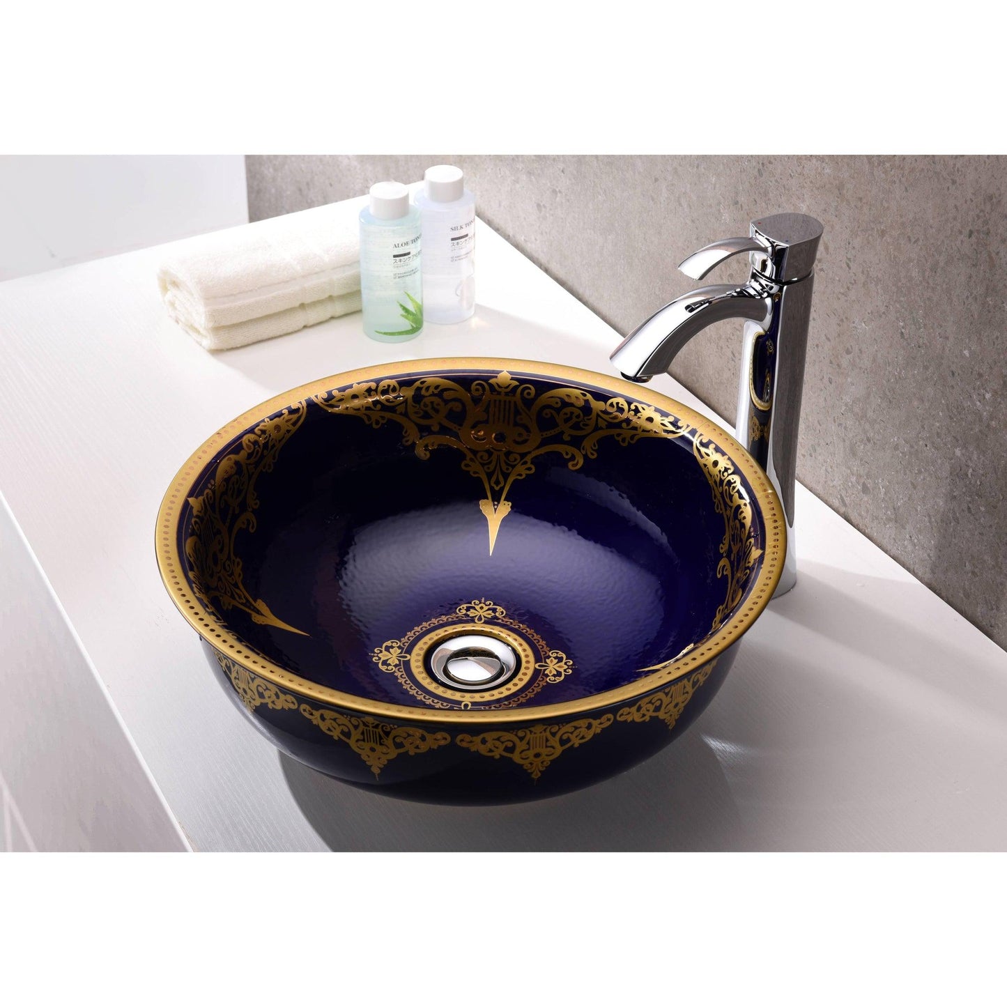 Anzzi Scepter Series 17" x 17" Round Royal Blue Deco-Glass Vessel Sink With Polished Chrome Pop-Up Drain