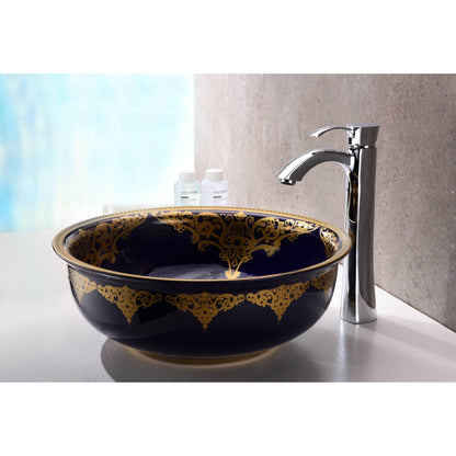 Anzzi Scepter Series 17" x 17" Round Royal Blue Deco-Glass Vessel Sink With Polished Chrome Pop-Up Drain