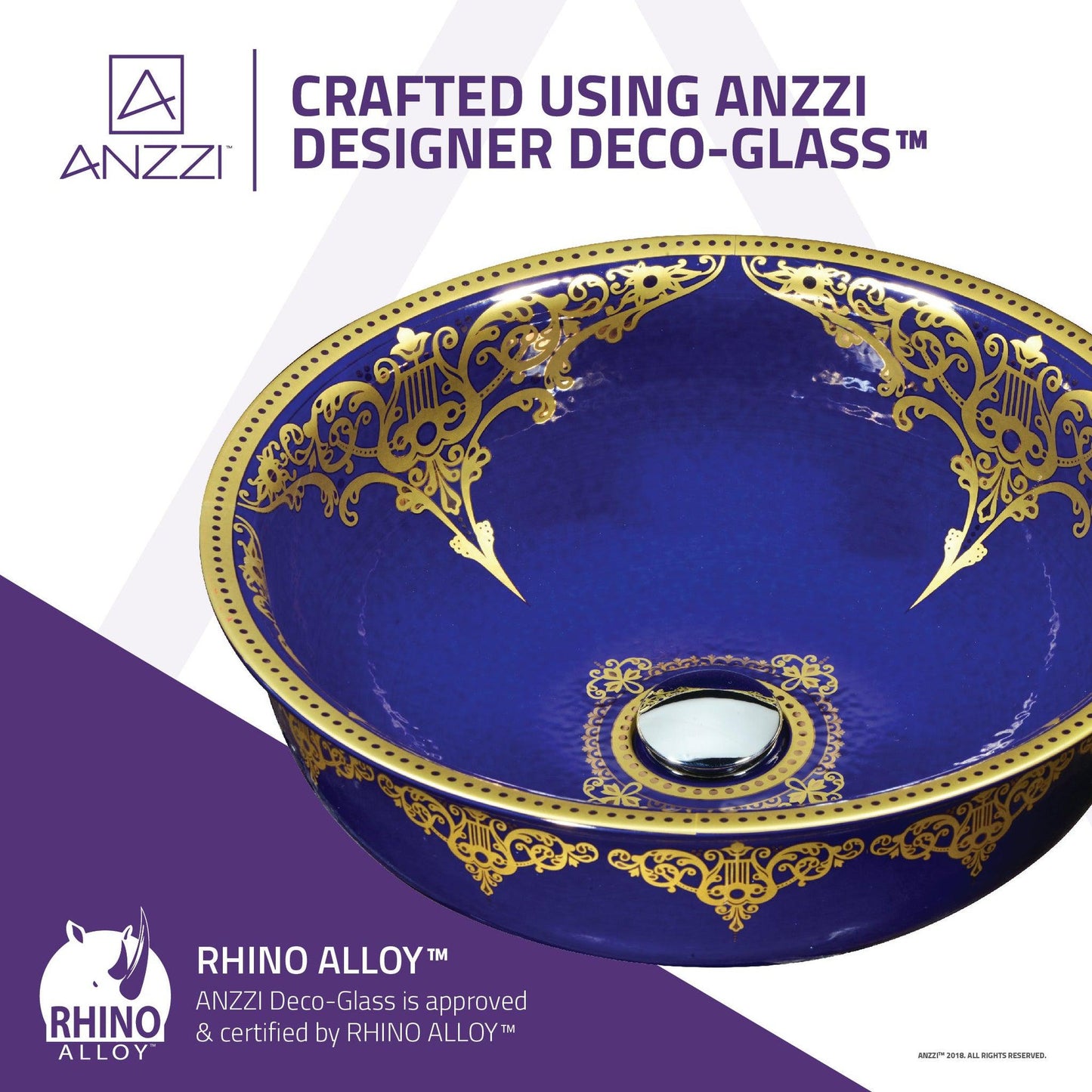 Anzzi Scepter Series 17" x 17" Round Royal Blue Deco-Glass Vessel Sink With Polished Chrome Pop-Up Drain
