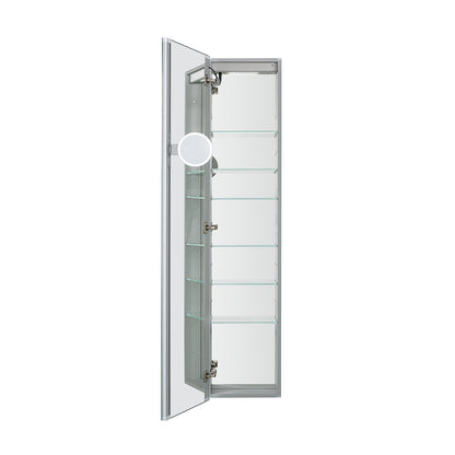 Aquadom Edge Royale 15" x 70" Left Hinged Medicine Cabinet With Lighting, Defogger, Integrated LED 3X Magnifying Mirror, 8mm Clear Adjustable Glass Shelves and Electrical Outlet With USB
