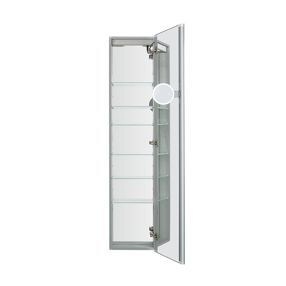 Aquadom Edge Royale 15" x 70" Left Hinged Medicine Cabinet With Lighting, Defogger, Integrated LED 3X Magnifying Mirror, 8mm Clear Adjustable Glass Shelves and Electrical Outlet With USB