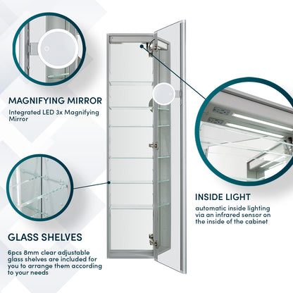 Aquadom Edge Royale 15" x 70" Right Hinged Medicine Cabinet With Lighting, Defogger, Integrated LED 3X Magnifying Mirror, 8mm Clear Adjustable Glass Shelves and Electrical Outlet With USB