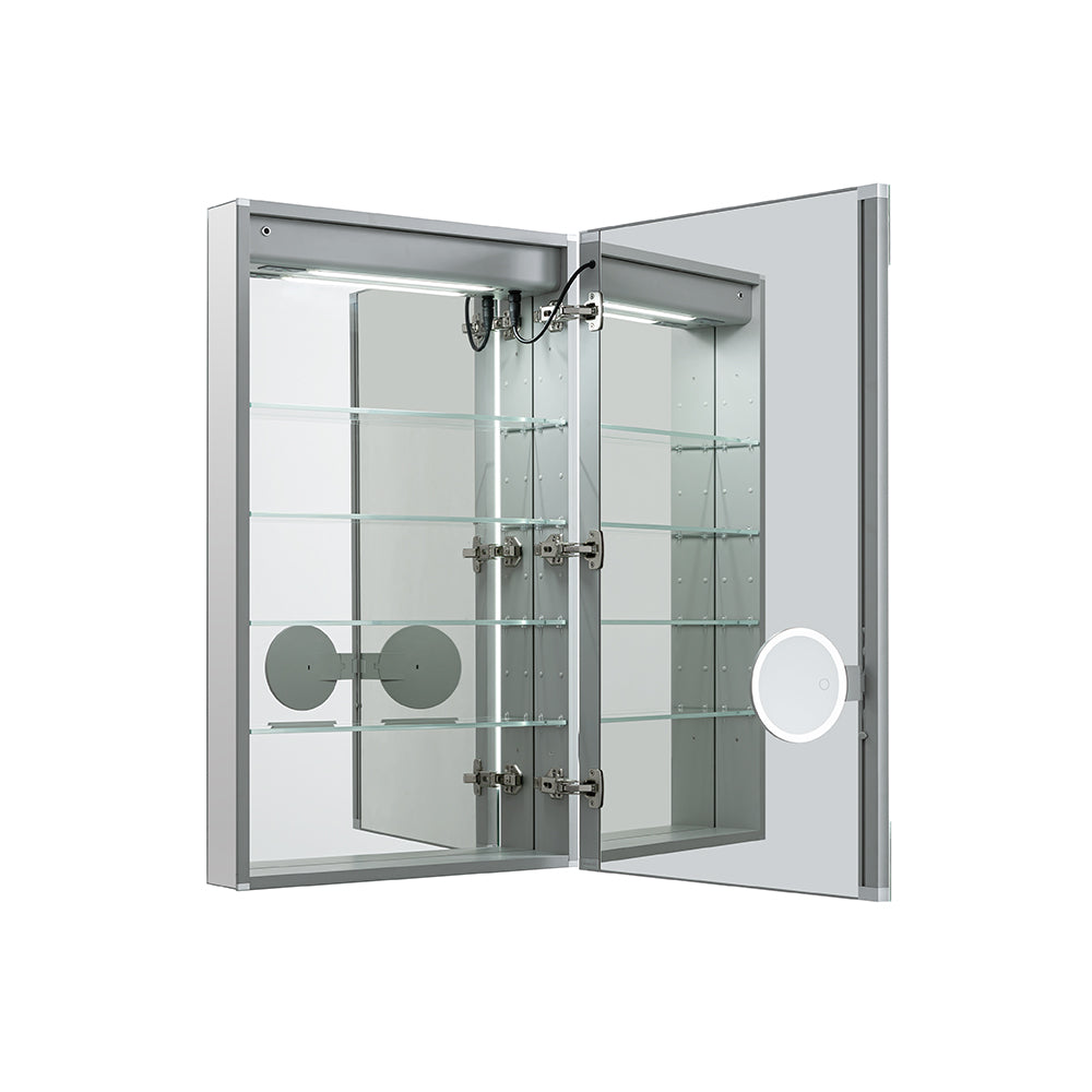 Aquadom Edge Royale 20" x 32" Left Hinged Medicine Cabinet With Lighting, Defogger, Integrated LED 3X Magnifying Mirror, 8mm Clear Adjustable Glass Shelves and Electrical Outlet With USB