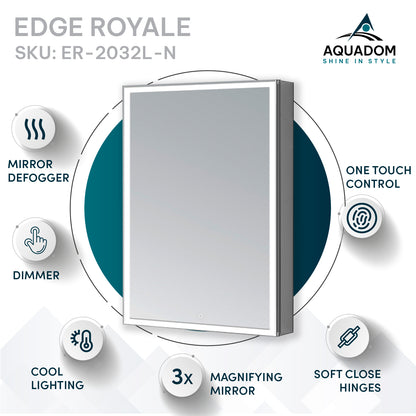 Aquadom Edge Royale 20" x 32" Left Hinged Medicine Cabinet With Lighting, Defogger, Integrated LED 3X Magnifying Mirror, 8mm Clear Adjustable Glass Shelves and Electrical Outlet With USB