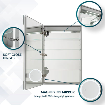 Aquadom Edge Royale 20" x 32" Left Hinged Medicine Cabinet With Lighting, Defogger, Integrated LED 3X Magnifying Mirror, 8mm Clear Adjustable Glass Shelves and Electrical Outlet With USB