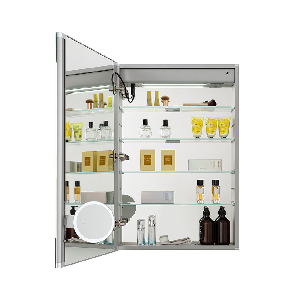 Aquadom Edge Royale 20" x 32" Left Hinged Medicine Cabinet With Lighting, Defogger, Integrated LED 3X Magnifying Mirror, 8mm Clear Adjustable Glass Shelves and Electrical Outlet With USB