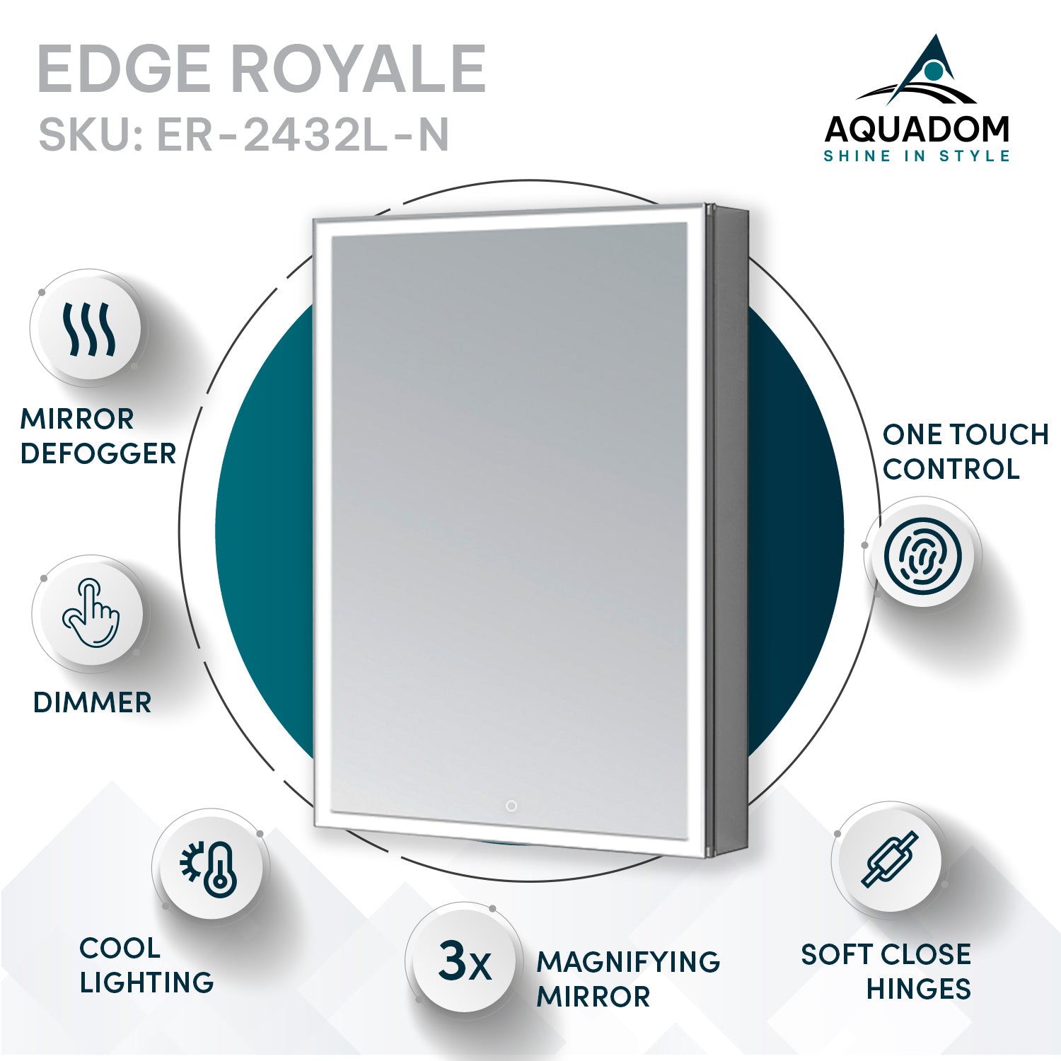 Aquadom Edge Royale 24" x 32" Left Hinged Medicine Cabinet With Lighting, Defogger, Integrated LED 3X Magnifying Mirror, 8mm Clear Adjustable Glass Shelves and Electrical Outlet With USB