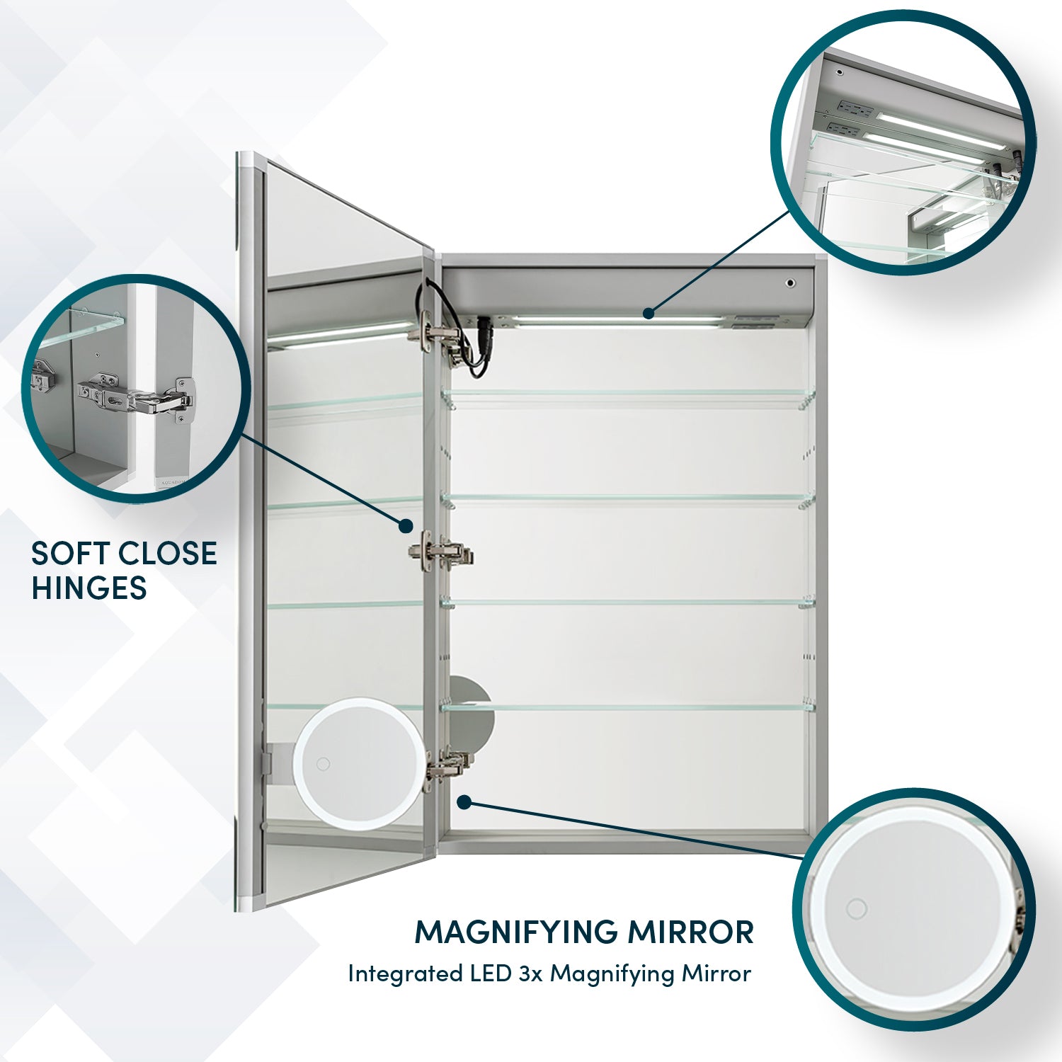 Aquadom Edge Royale 24" x 32" Left Hinged Medicine Cabinet With Lighting, Defogger, Integrated LED 3X Magnifying Mirror, 8mm Clear Adjustable Glass Shelves and Electrical Outlet With USB