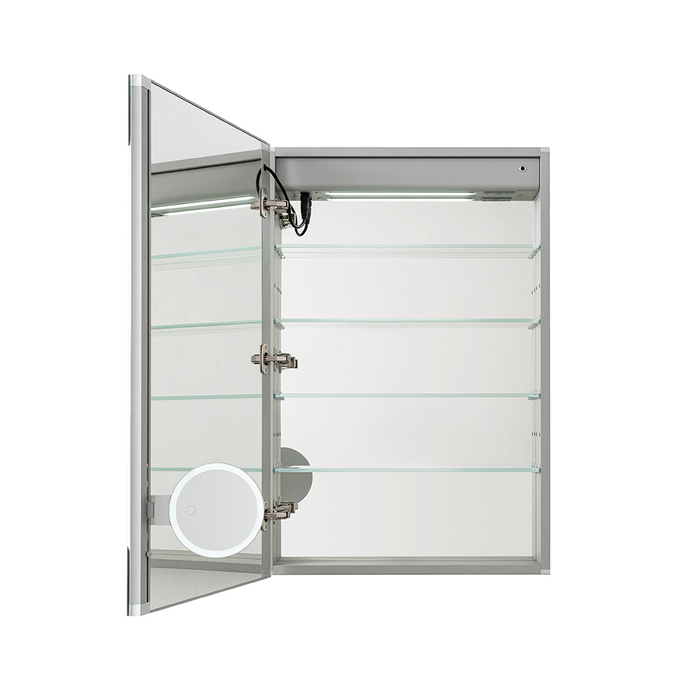 Aquadom Edge Royale 24" x 32" Left Hinged Medicine Cabinet With Lighting, Defogger, Integrated LED 3X Magnifying Mirror, 8mm Clear Adjustable Glass Shelves and Electrical Outlet With USB