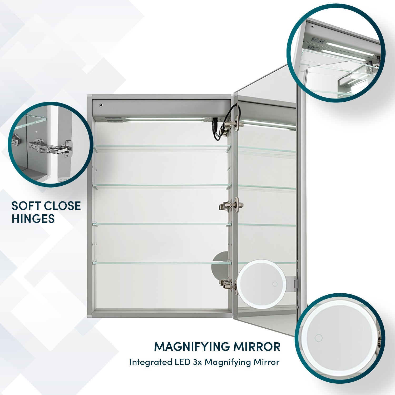 Aquadom Edge Royale 24" x 32" Right Hinged Medicine Cabinet With Lighting, Defogger, Integrated LED 3X Magnifying Mirror, 8mm Clear Adjustable Glass Shelves and Electrical Outlet With USB