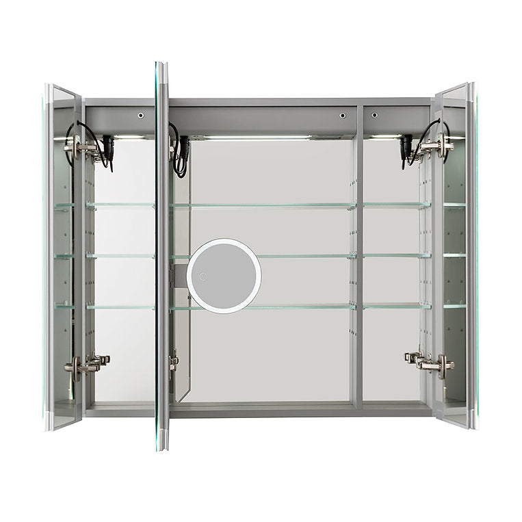 Aquadom Edge Royale 36" x 32" Triple-Door LED Lighted Medicine Cabinet With Defogger, Integrated LED 3X Magnifying Mirror, 8mm Clear Adjustable Glass Shelves and Electrical Outlet With USB