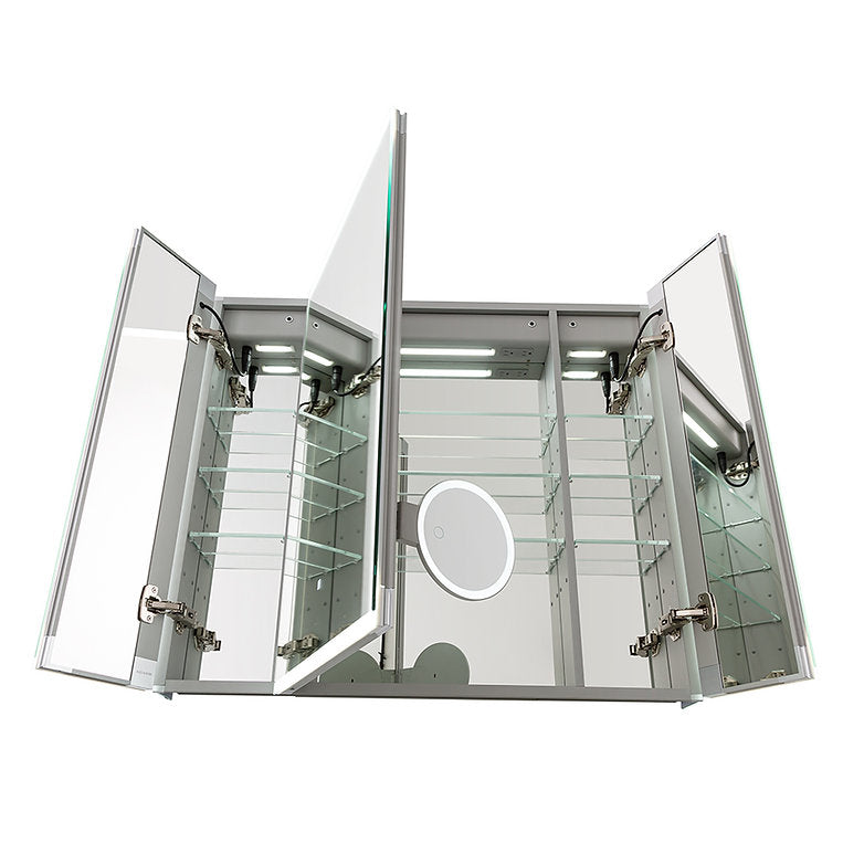 Aquadom Edge Royale 36" x 32" Triple-Door LED Lighted Medicine Cabinet With Defogger, Integrated LED 3X Magnifying Mirror, 8mm Clear Adjustable Glass Shelves and Electrical Outlet With USB