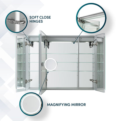Aquadom Edge Royale 40" x 32" Triple-Door LED Lighted Medicine Cabinet With Defogger, Integrated LED 3X Magnifying Mirror, 8mm Clear Adjustable Glass Shelves and Electrical Outlet With USB