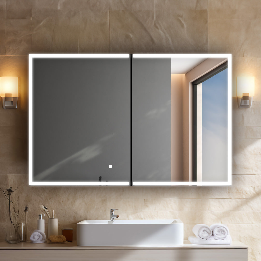 Aquadom Edge Royale 48" x 32" LED Lighted Medicine Cabinet With Defogger, Integrated LED 3X Magnifying Mirror, 8mm Clear Adjustable Glass Shelves and Electrical Outlet With USB