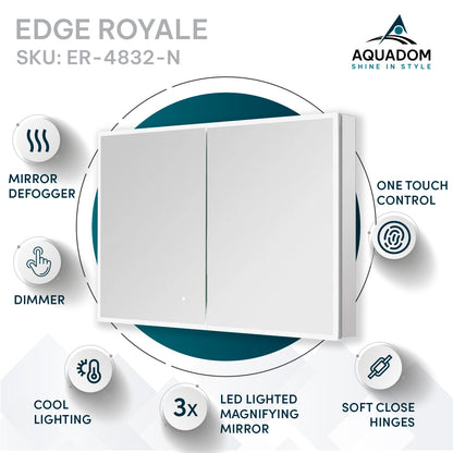 Aquadom Edge Royale 48" x 32" LED Lighted Medicine Cabinet With Defogger, Integrated LED 3X Magnifying Mirror, 8mm Clear Adjustable Glass Shelves and Electrical Outlet With USB