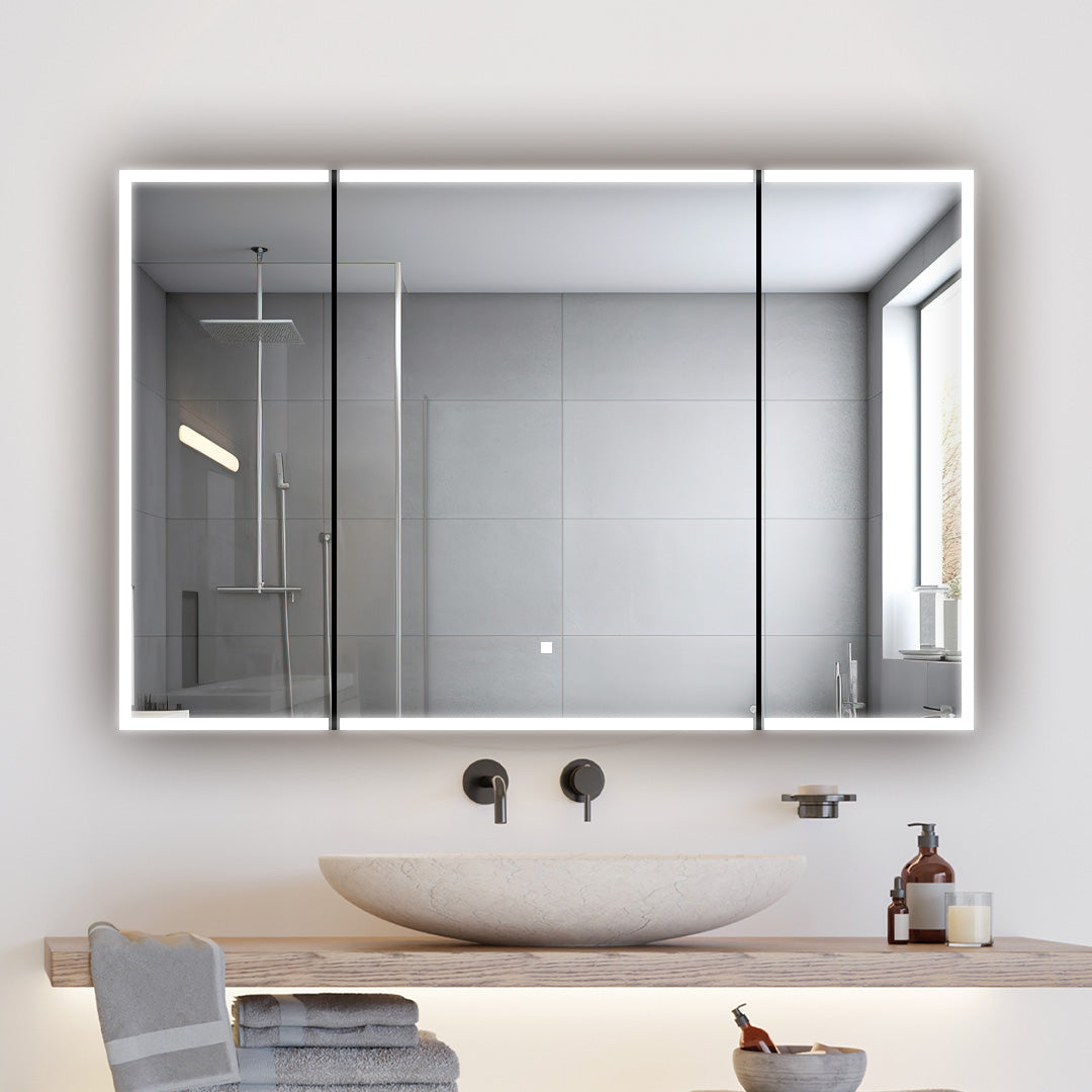 Aquadom Edge Royale 48" x 32" Triple-Door LED Lighted Medicine Cabinet With Defogger, Integrated LED 3X Magnifying Mirror, 8mm Clear Adjustable Glass Shelves and Electrical Outlet With USB