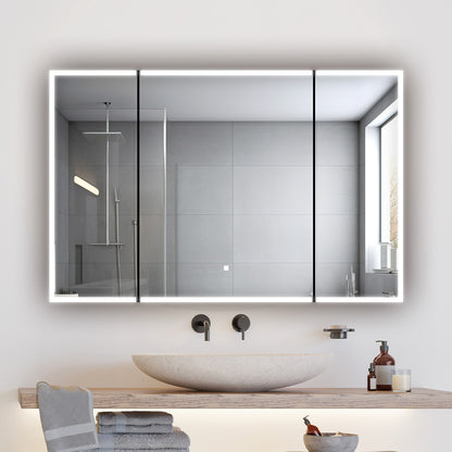 Aquadom Edge Royale 48" x 32" Triple-Door LED Lighted Medicine Cabinet With Defogger, Integrated LED 3X Magnifying Mirror, 8mm Clear Adjustable Glass Shelves and Electrical Outlet With USB