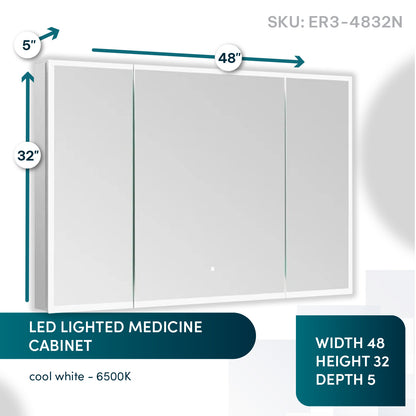 Aquadom Edge Royale 48" x 32" Triple-Door LED Lighted Medicine Cabinet With Defogger, Integrated LED 3X Magnifying Mirror, 8mm Clear Adjustable Glass Shelves and Electrical Outlet With USB