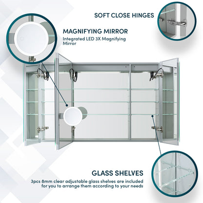 Aquadom Edge Royale 48" x 32" Triple-Door LED Lighted Medicine Cabinet With Defogger, Integrated LED 3X Magnifying Mirror, 8mm Clear Adjustable Glass Shelves and Electrical Outlet With USB