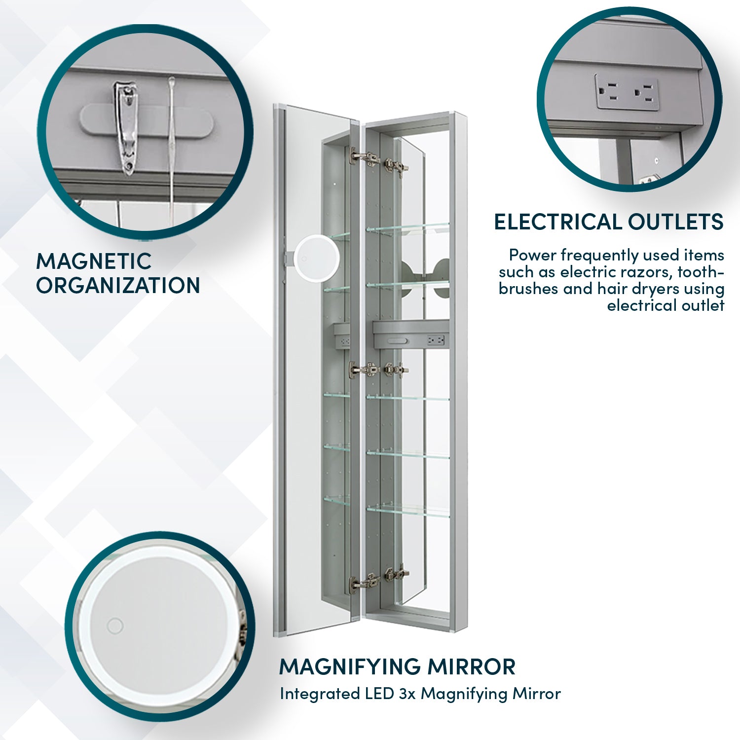 Aquadom Royale 15" x 70" Rectangular Left-Hinged Recessed or Surface Mount Medicine Cabinet With LED Lighting, Touch Screen Button, Defogger