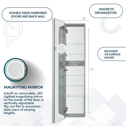 Aquadom Royale 15" x 70" Rectangular Left-Hinged Recessed or Surface Mount Medicine Cabinet With LED Lighting, Touch Screen Button, Defogger