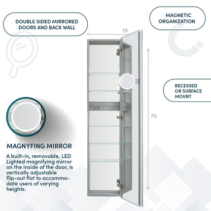 Aquadom Royale 15" x 70" Rectangular Right-Hinged Recessed or Surface Mount Medicine Cabinet With LED Lighting, Touch Screen Button, Defogger